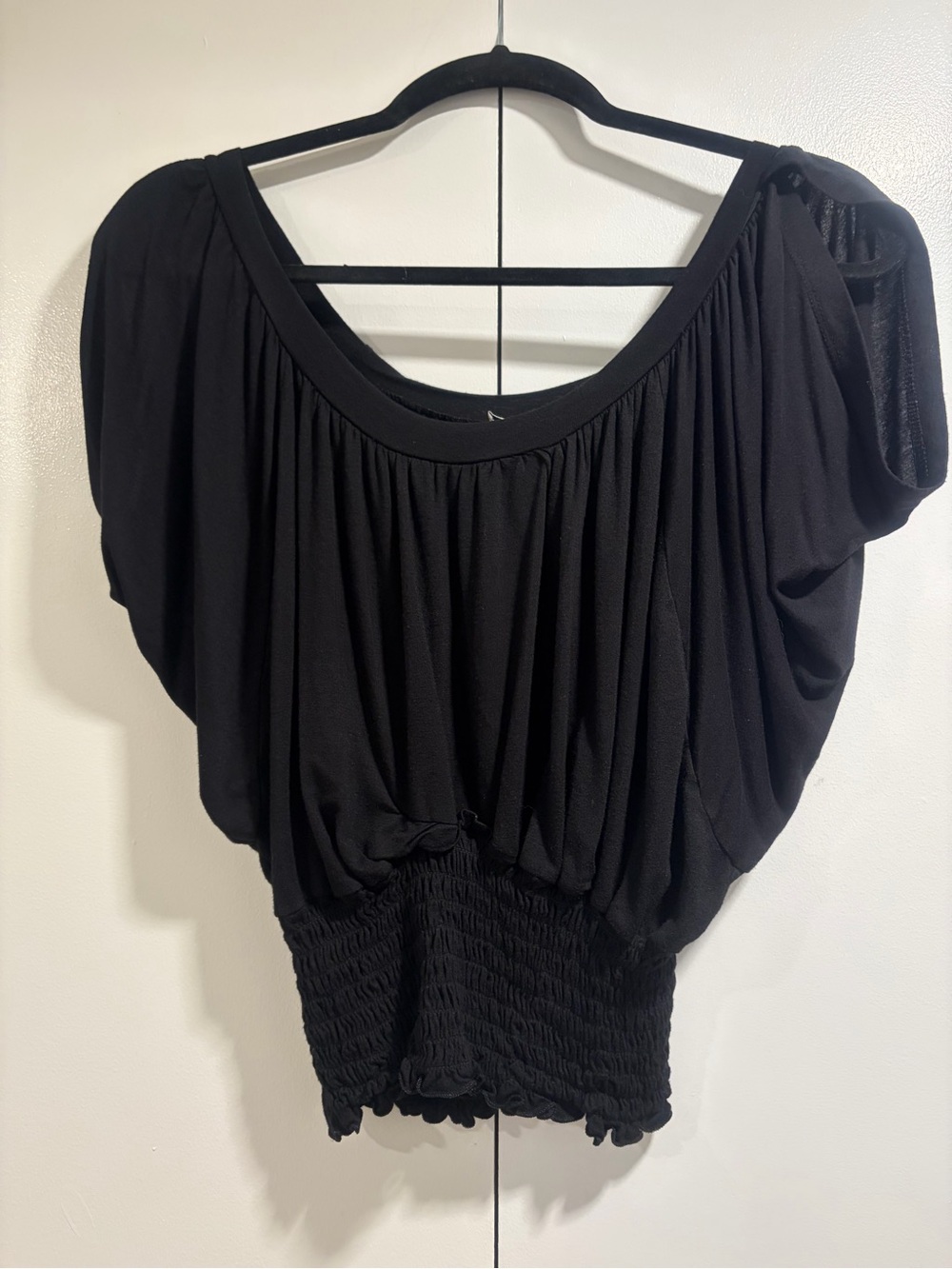 Black Women's Blouson Top - Casual Smocked Hem